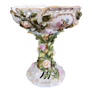 Antique Late 19th Century Thuringian Pedestal Fruit Bowl, Reticulated With Raised Flowers For Sale