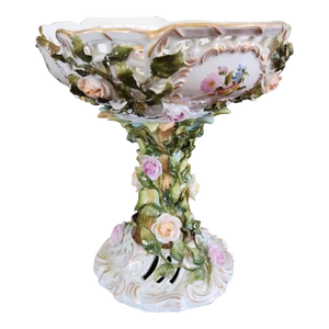 Antique Late 19th Century Thuringian Pedestal Fruit Bowl, Reticulated With Raised Flowers