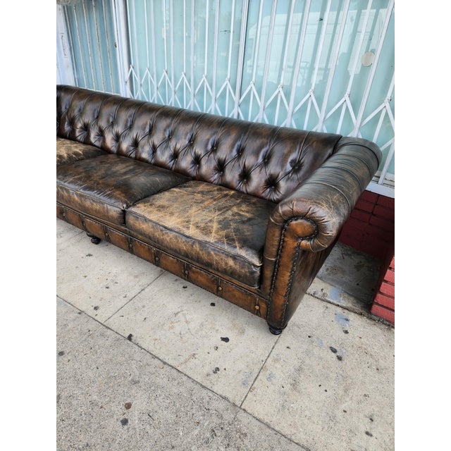 Brass Vintage Distressed Leather Sofa For Sale - Image 8 of 12