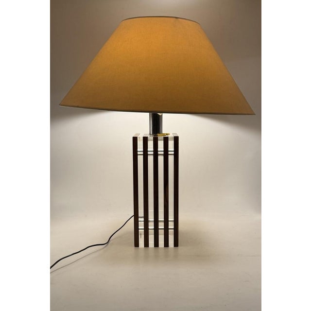 Hollywood regency wood and lucite table lamp base Italy, 1970s wood, brass, acrylic glass Lampshade not included Lamp...