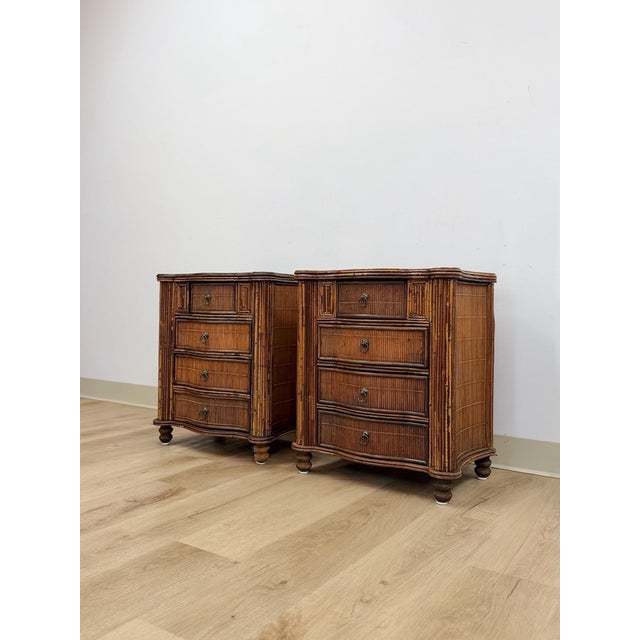 English Vintage Nightstands Split Bamboo Reed Four Drawer British Colonial Pair Coastal Regency, Pair For Sale - Image 3 of 12