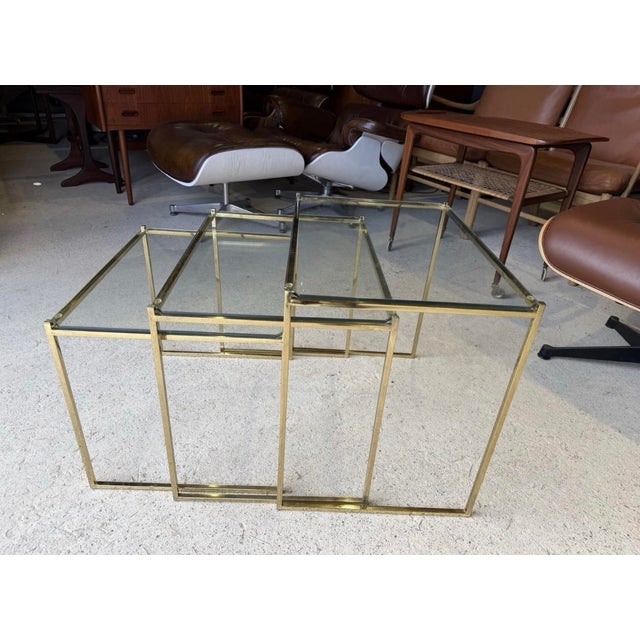 Mid-Century Modern Art Deco French Brass and Glass Nesting Tables, Set of 3 For Sale - Image 3 of 11