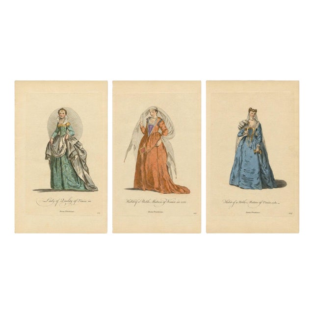 European School, Venetian Noblewomen in Renaissance Dress Hand-Colored Costume Prints, 1749, Paper, Set of 3 For Sale