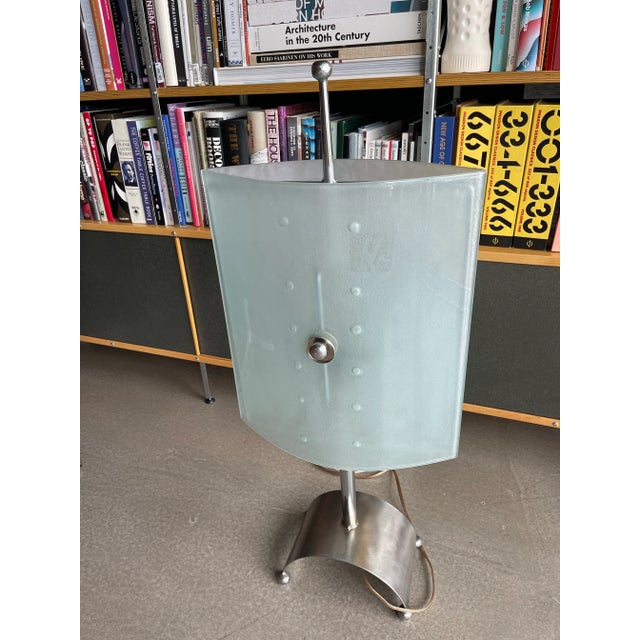 80s Monumental Glass Panel Steel Lamp Postmodern Fontana Arte Fratelli Martini Ponti Tronconi Style For Sale In Las Vegas - Image 6 of 12