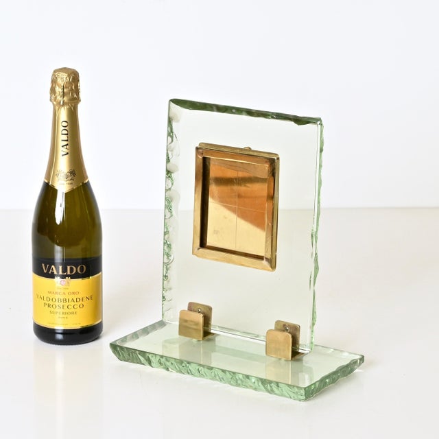 Nile Green Chiseled Crystal and Brass Photo Frame from Fontana Arte, Italy, 1950s For Sale - Image 3 of 14
