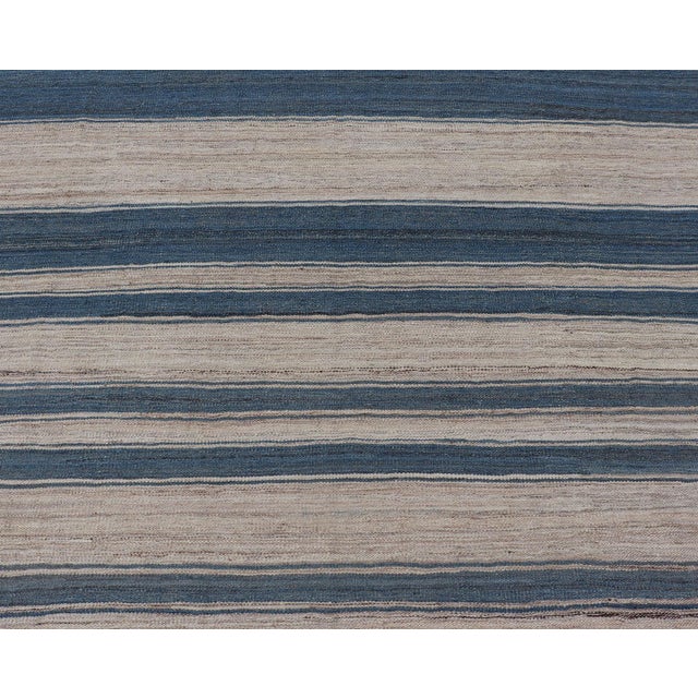 Flat-Weave Kilim Blue Rug by Keivan Woven Arts, Striped Design 8'8 X 12'0 For Sale - Image 4 of 12