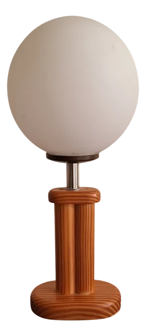 Vintage Table Lamp with Pinewood Base and Opaque White Glass Shade by Linus Bopp, 1970s