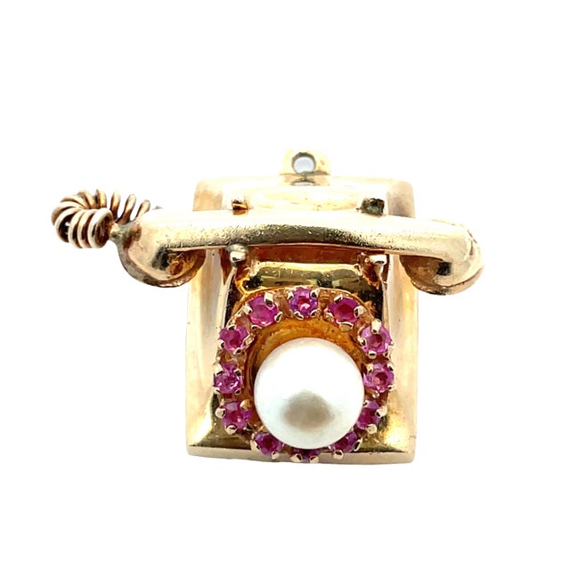 14k Yellow Gold Vintage Telephone Charm With Pearl & Pink Sapphire Dial For Sale In New York - Image 6 of 8