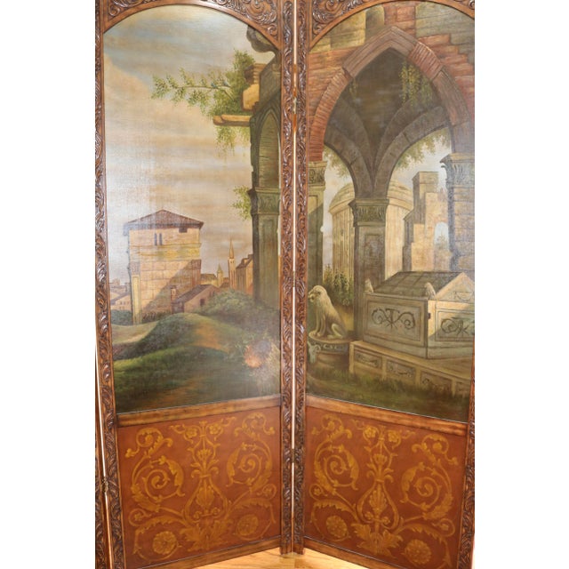 Italian Vintage Hand Carved Wood Room Divider Screen With Painted Scene of Tuscany Landscape. The screen is 86 inch high...