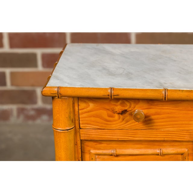 French Country French 19th Century Pine Faux Bamboo Side Table with Marble Top, Door and Drawer For Sale - Image 3 of 12