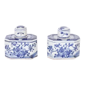 Contemporary Chinese Blue and White Porcelain Tea Caddies With Flowers - a Pair