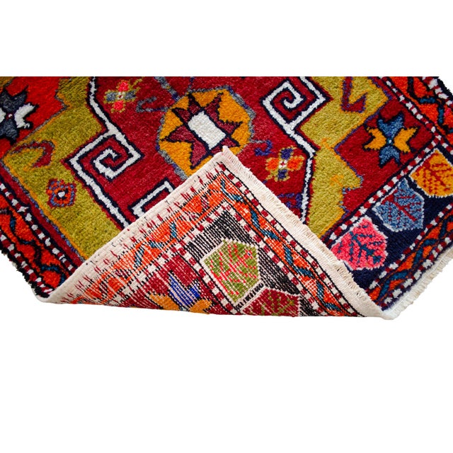 Red Front of Kitchen Sink Rug, Hand Made Bath Mat Colorful Turkish Rug - 1′12″ × 3′8″ For Sale - Image 8 of 14