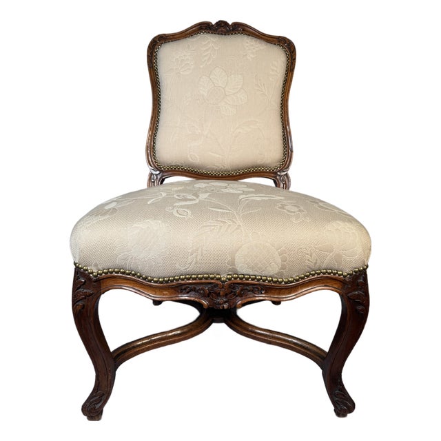 Late 19th Century Louis XV Carved Walnut Side Chair, Cream Damask For Sale