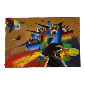 Georges Dussau, French Surrealist Colorful Futurist Abstract Painting Composition IV, 1979