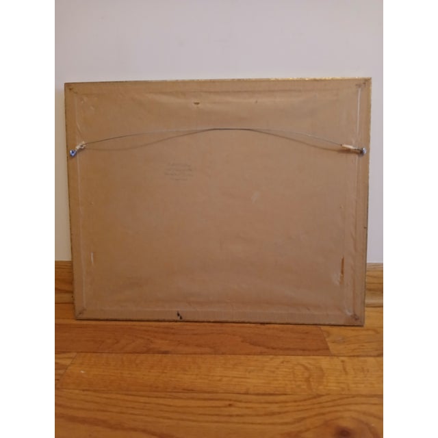 This oil painting features a soft blue sky backdrop with crisp white architectural forms, vibrant pink blossoms, lush...