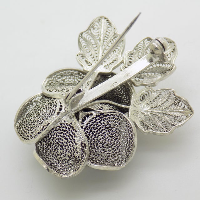 Metal Vintage Italian Handmade Genuine Silver Filigree Rose Shaped Brooch, 1970s For Sale - Image 7 of 13