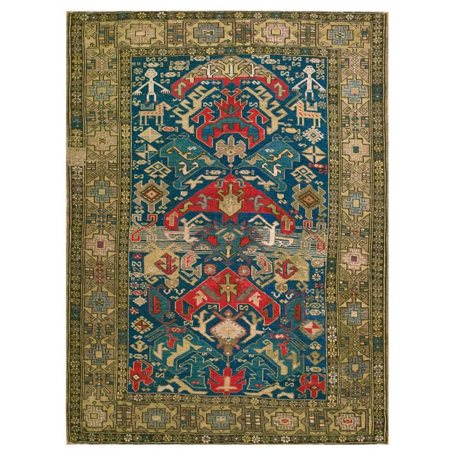 1930s Blue Rustic Geometric Antique Caucasian Rug 4' 2'' X 5' 9'' Knotted Wool Carpet For Sale - Image 9 of 9