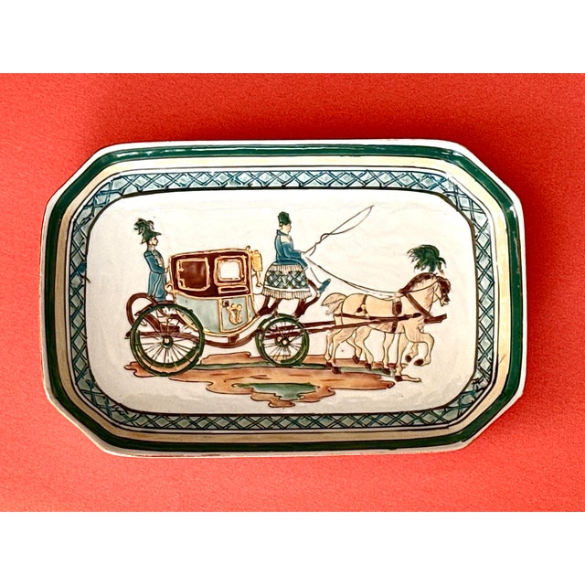 Chinoiserie Hand Painted Embossed Horse and Carriage Porcelain Tray For Sale - Image 3 of 12