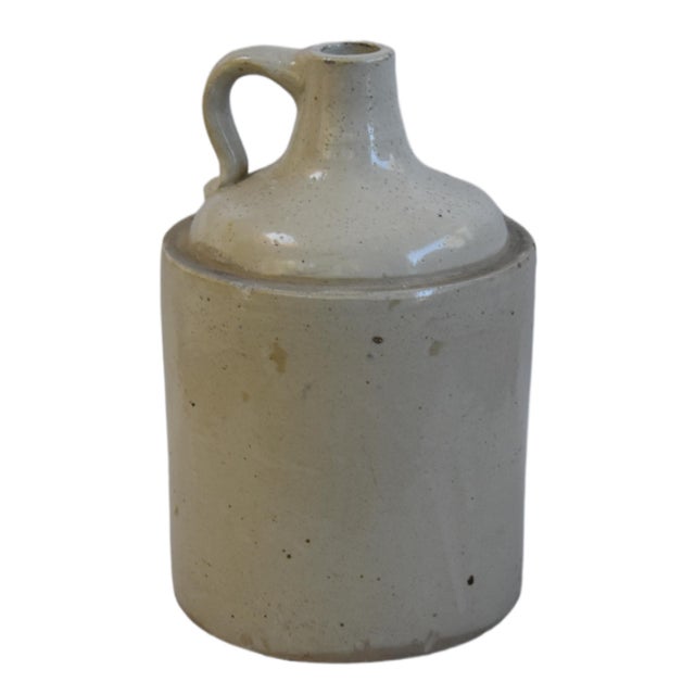 Antique Cream Stoneware Whiskey Moonshine Jug With Handle For Sale - Image 4 of 6