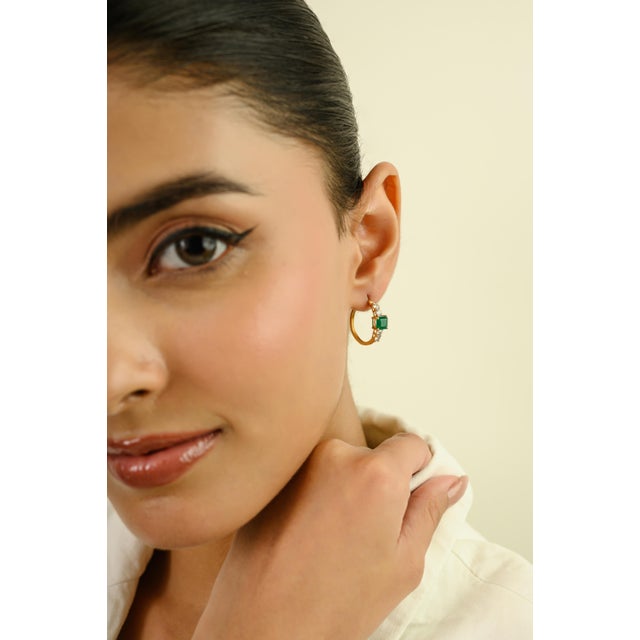 18k Yellow Gold 1.45Ct Square Emerald & Diamond Everyday Hoop Earrings- A Pair For Sale In New York - Image 6 of 13