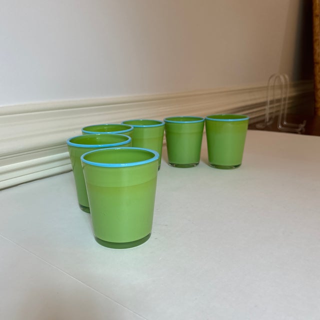 Hand blown pontil on every glass, gorgeous on the table. Leaf green with turquoise rim.