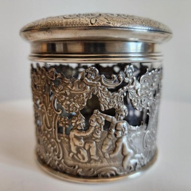 Victorian 19th Century German Hanau .800 Silver & Heavy Glass Putti Dresser Jar For Sale - Image 3 of 16