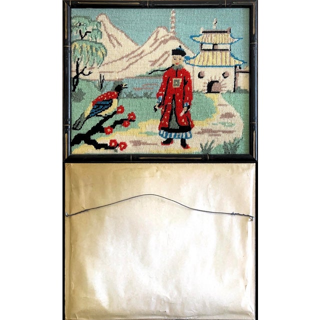 Lot of four Japanese framed crewelwork pieces. The products are vintage handmade framed needlepoint artwork featuring...