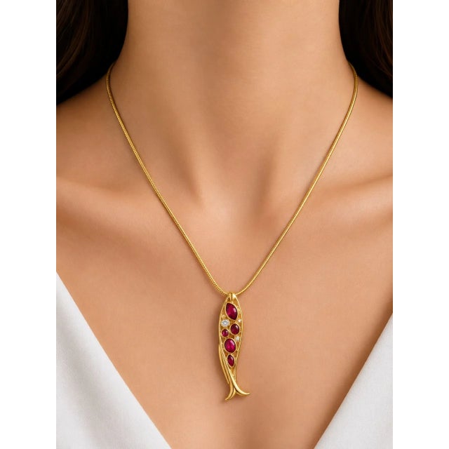 Modern 18K Yellow Gold Ruby Diamond Fish Slide Pendant For Sale - Image 3 of 3