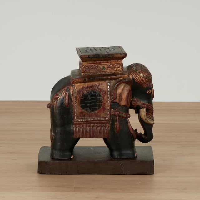 1910s Antique Indian Carved Wood Elephant Stand or Pedestal For Sale - Image 5 of 12