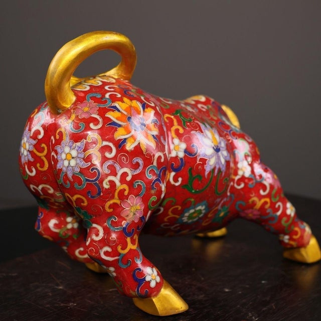 Chinese Vintage Cloisonné Enamel Golden Ox Statue With Floral Motif For Sale - Image 3 of 9