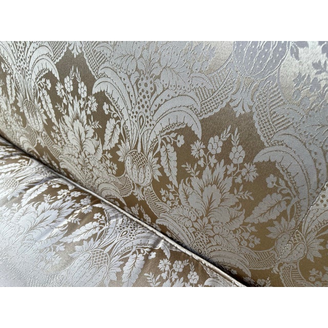Champagne Scroll Arm Down Filled Camelback Sofa- Reupholstered in Golden Cream Damask Silk For Sale - Image 8 of 12