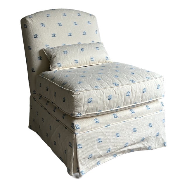 Vintage Baker Milling Road Upholstered Slipper Lounge Chair in Blue & Ivory Fabric For Sale