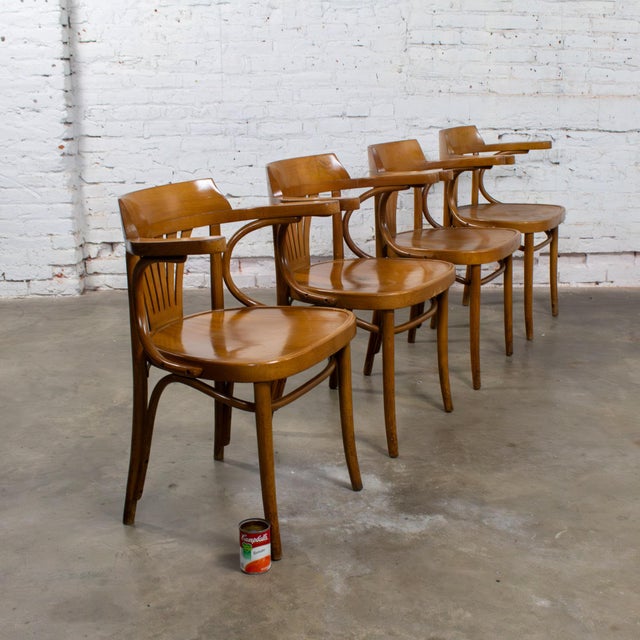Late 19th Century Bauhaus Beech Bentwood Thonet Style Fan Back Captains Armchairs Set of 4 For Sale - Image 18 of 18