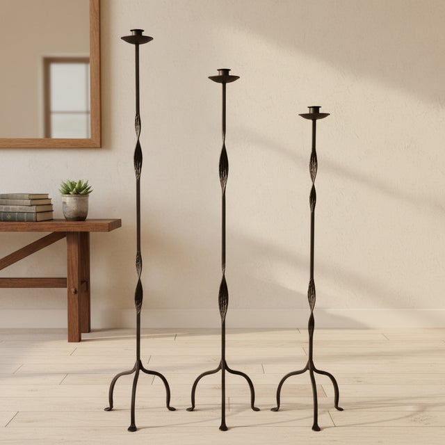 Rustic Hand Forged Iron Candelabra Set of 3 (107-127cm) Antique Copper Finish Open Twist Stem with Arched Base For Sale - Image 3 of 8