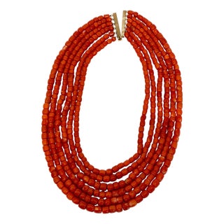 Vintage Natural Coral Multi Layer 6 Strand Bead Necklace 14 KY Gold For Sale