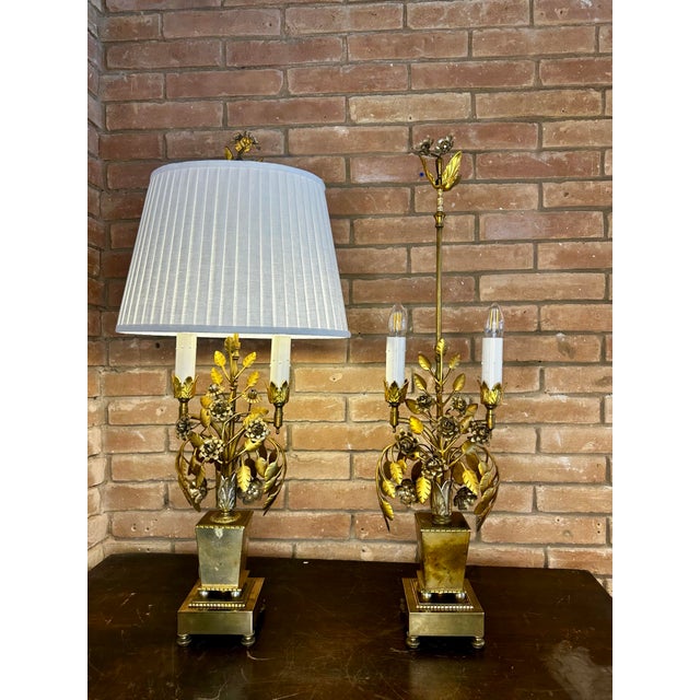 Pair of Mid 20th Century Italian Gilt Botanical Candelabra Lamps For Sale - Image 9 of 12