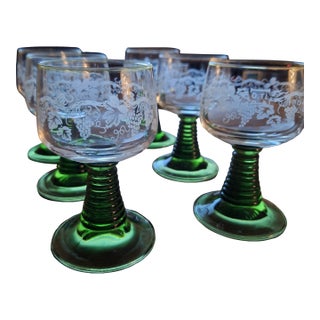 Vintage German Roemer Crystal Wine Glasses: Etched Grape With Green Beehive Stem For Sale