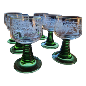 Vintage German Roemer Crystal Wine Glasses: Etched Grape With Green Beehive Stem