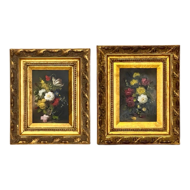 Pair of 20th Century Oil on Board Floral Still Life Paintings in Giltwood Frames For Sale