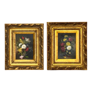 Pair of 20th Century Oil on Board Floral Still Life Paintings in Giltwood Frames