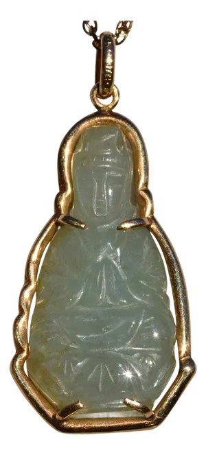 The Kwan (Guan) Yin: Hand Carved Jade Kwan (Guan) Yin Pendant in Custom Made Yellow Gold Frame