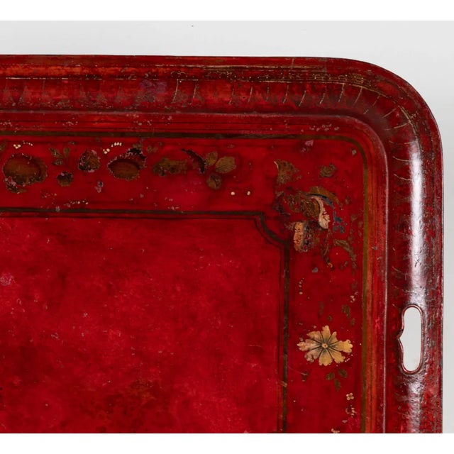 American An Antique Painted Tole Tray on Stand For Sale - Image 3 of 9