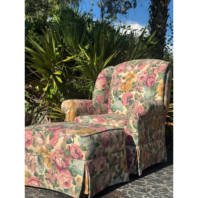 English Vintage Hickory Hill Floral Upholstered Armchair & Ottoman | Traditional English Country Style For Sale - Image 3 of 12