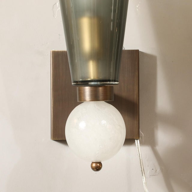 2020s Modernist Hand-Blown Smoked Gray Murano Glass Conical Sconces With Orbital Drop For Sale - Image 5 of 15