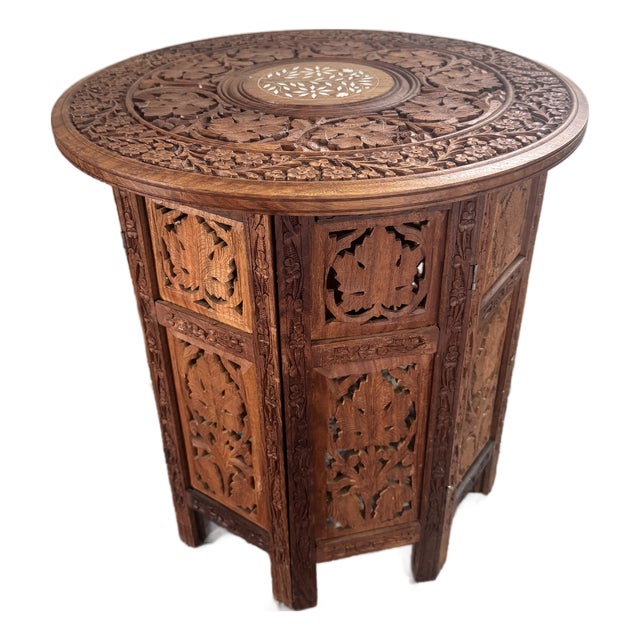 Late 20th Century Anglo Indian Sheesham Carved Wood Side Table With Inlay For Sale