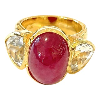 Bochic "Orient" Ruby & White Topaz Vintage 3 Gem Ring Set 18K & Silver For Sale