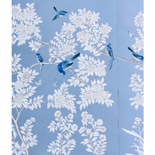 Blue Hand-Painted Chinoiserie Wallpaper Panels - Set of 3 For Sale - Image 8 of 9