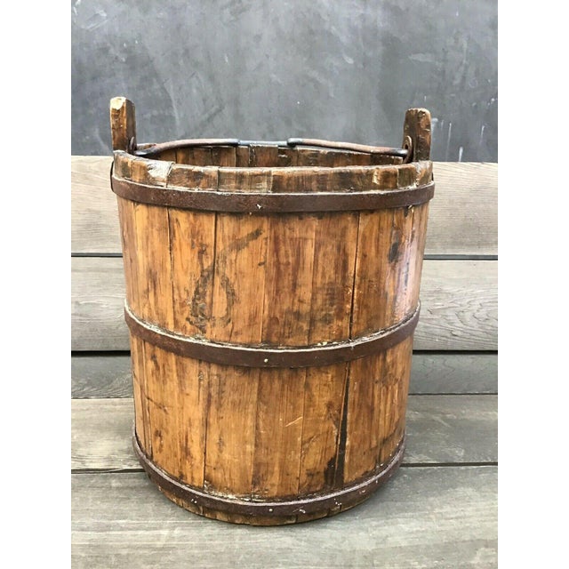 Antique Rustic Wooden Well Water Bucket Cast Iron Handle Chairish