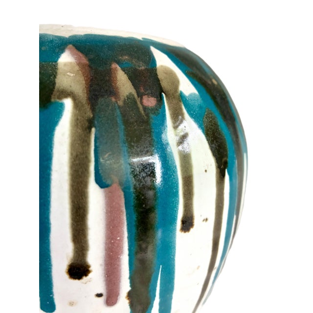 Mid-Century Modern Signed 1960s Mid Century Blue and White Ceramic Vase / Modernist Art Studio Pottery Drip Glaze For Sale - Image 3 of 10