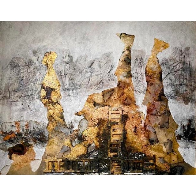 A gathering of figures fills this tall canvas in warm tones of rose and amber, built up over a ground of gold leaf that...